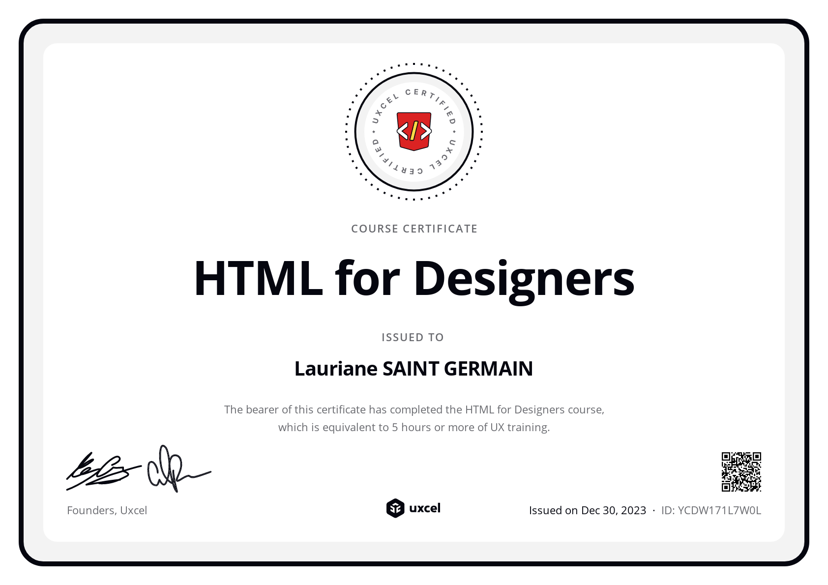 Lauriane SAINT GERMAIN's certificate